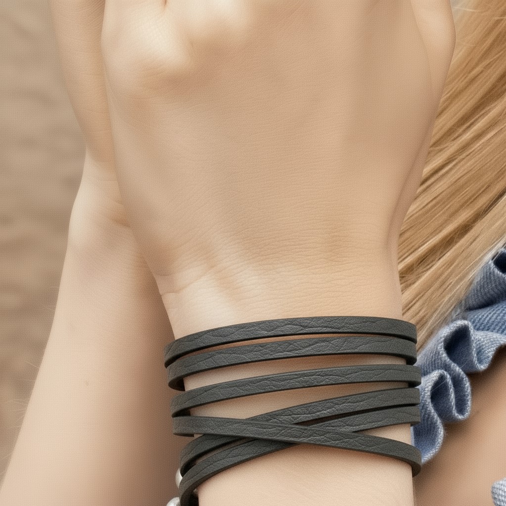 Strap Necklace / Bracelet - Dark grey leather matt gold plated