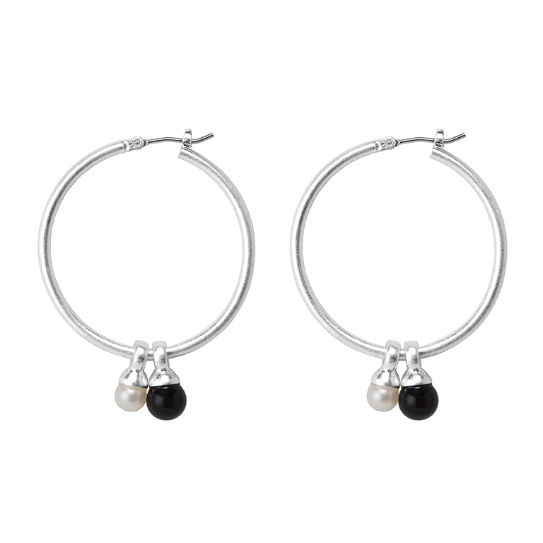 Essentials Be A Star earrings with Pearl and black Agate matt silver plated - 3.5 CM