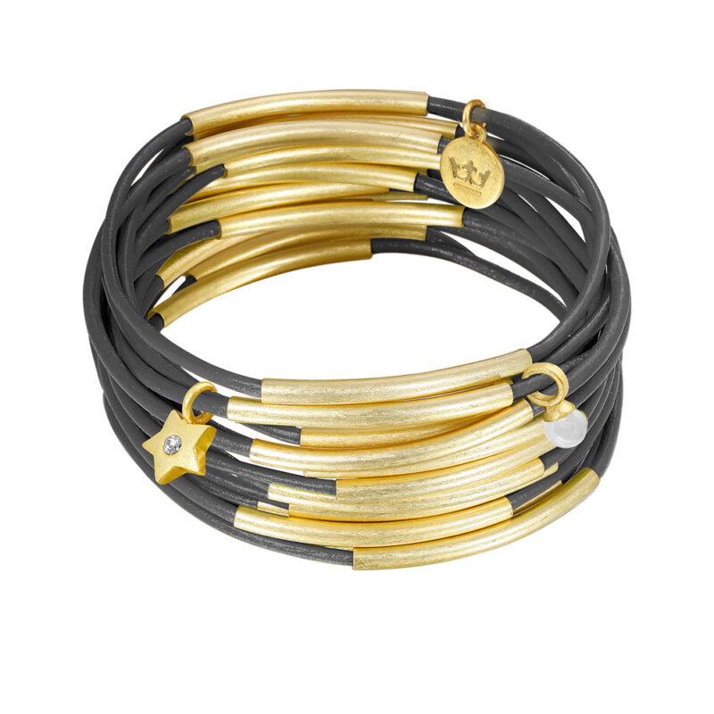 Urban Gypsy bracelets dark grey leather matt gold plated